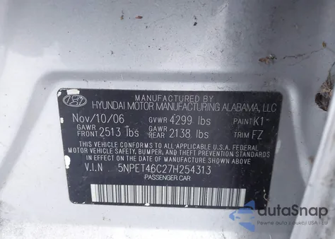 2007 Hyundai Sonata Gls z USA, uszkodzony, nr VIN 5NPET46C27H254313